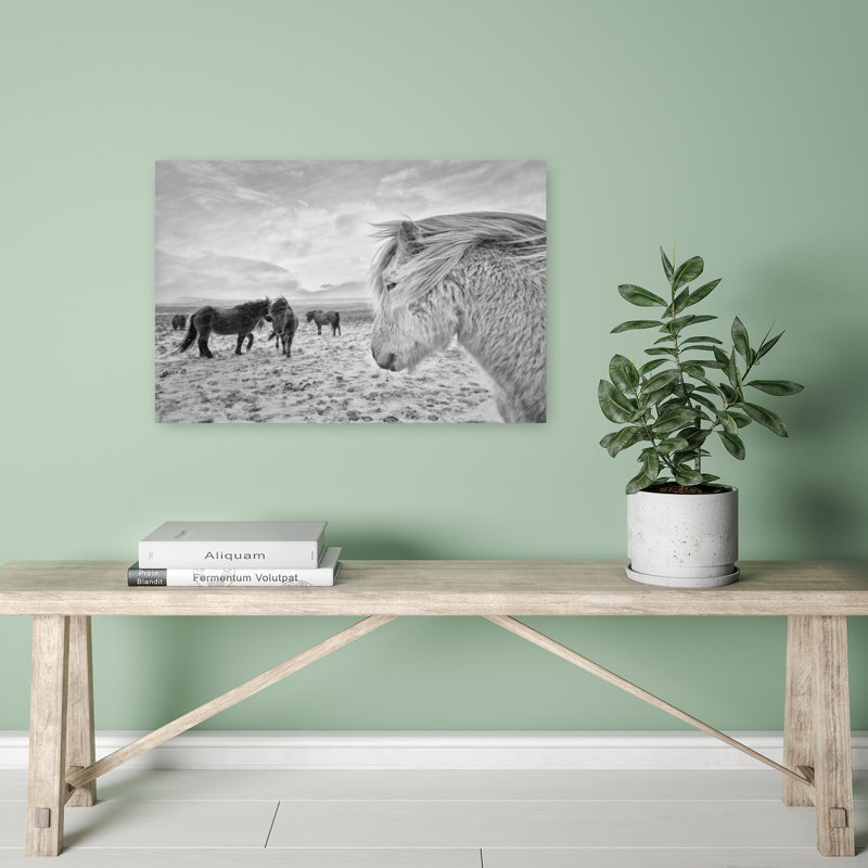 Chevaux sauvages en hiver - Paysage équestre abstrait et contemporain - Affiche murale nature, H 16 po x l 24 po