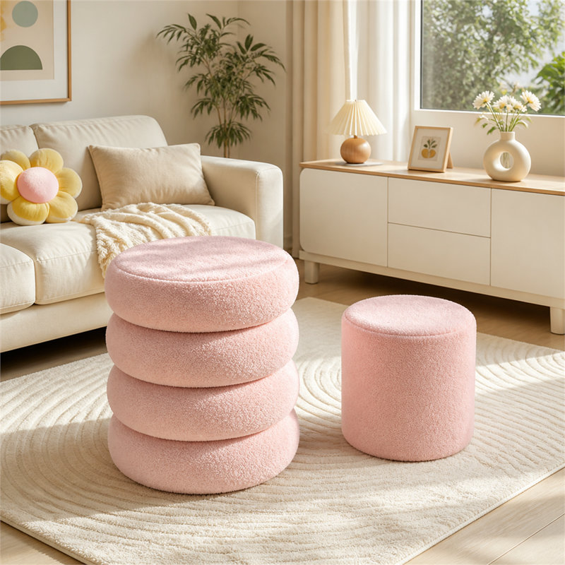 Ensemble de deux poufs de rangement ronds en peluche rose, avec couvercle amovible, convenant à de multiples usages, notamment la chambre à coucher, le salon et la coiffeuse.