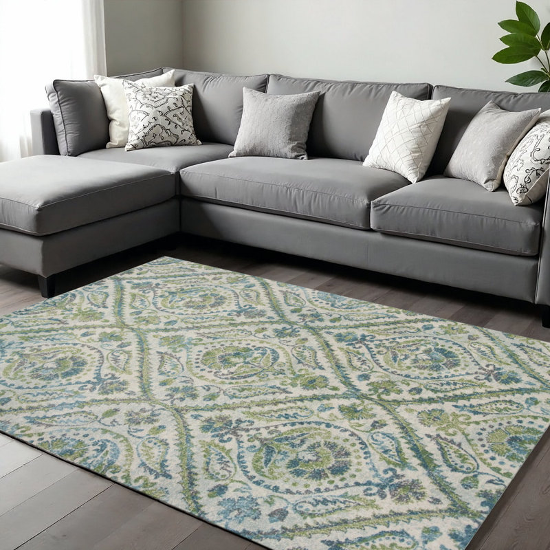 Tapis vert ivoire et bleu sarcelle 7 'x 10' Medallion
