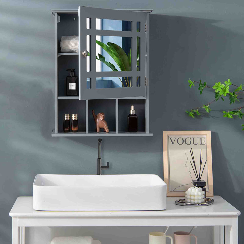 480mm W 600mm H Wall Mounted Required Framed Medicine Cabinet With Mirror And Adjustable Shelf, Grey
