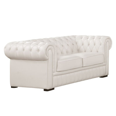Turfted English Style White Genuine Leather Loveseat