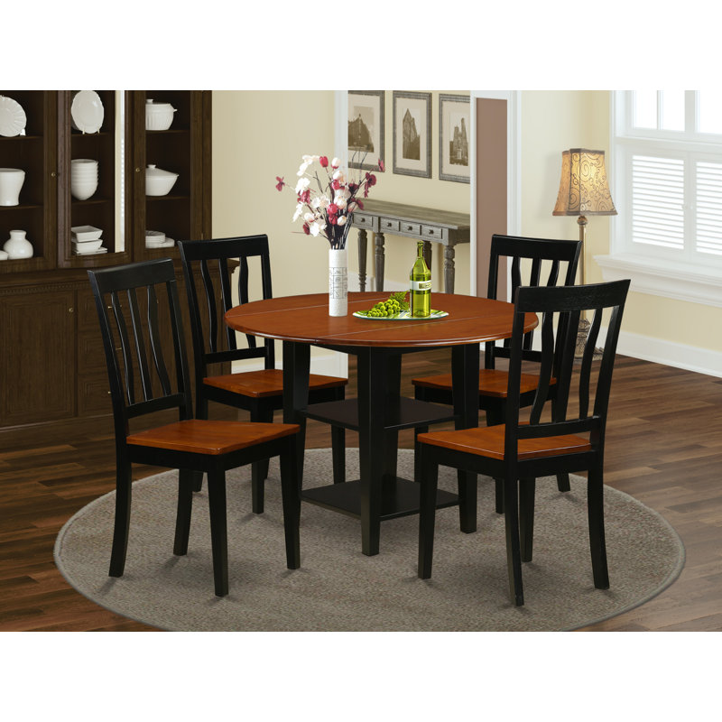 5 Piece Dining Set Includes a Round Dining Room Table with Dropleaf & Shelves and 4 Wood Seat Chairs, Black & Cherry