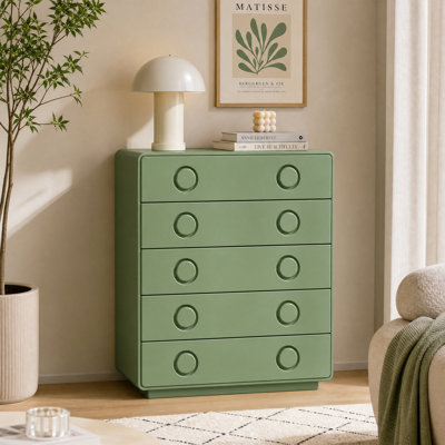 Commode 5 tiroirs verte pour la chambre à coucher, commode moderne de 41,7 po de hauteur avec bord arrondi, organisateur de rangement vertical en bois pour la chambre à coucher, le salon, le couloir, l'entrée