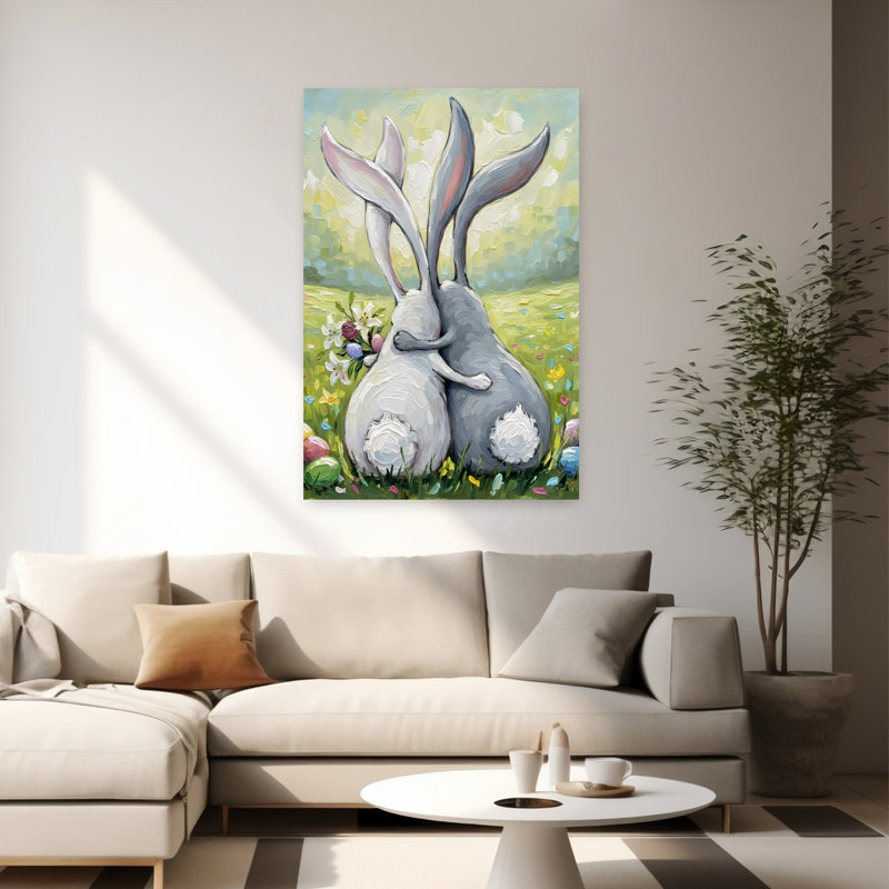 «Sweet Rabbit Embrace Contemporary Rabbit Flower», art mural, H 60 po x l 40 po