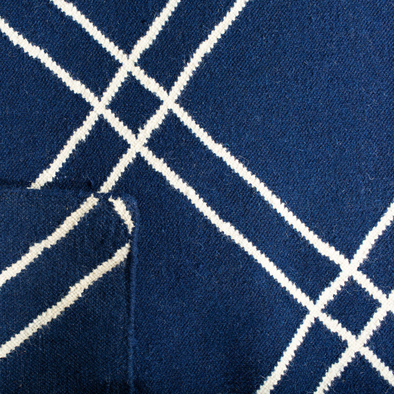 Rodgers Hand Woven Flat Weave Wool/Cotton Geometric Rug in Blue/Ivory, Runner 2'6" x 6'