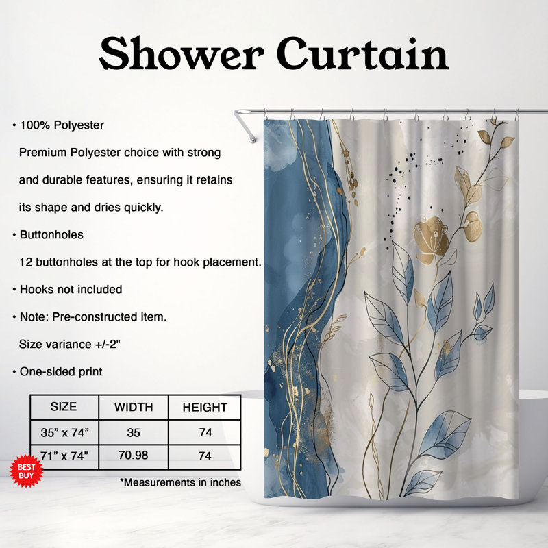 Rideau de douche 1 pièce Boho Gold and Blue Art, H 74 po x l 71 po