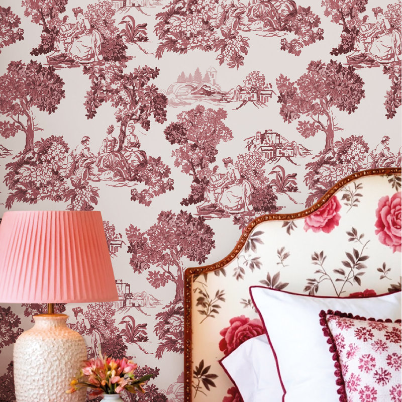 Blooming Garden Collection Toile Garden Wallpaper Roll, Red