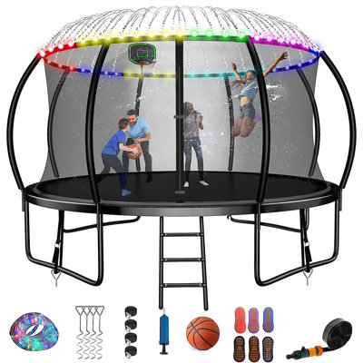 Trampoline de cour arrière de 10 pi avec enceinte de sécurité, gicleur et lumières