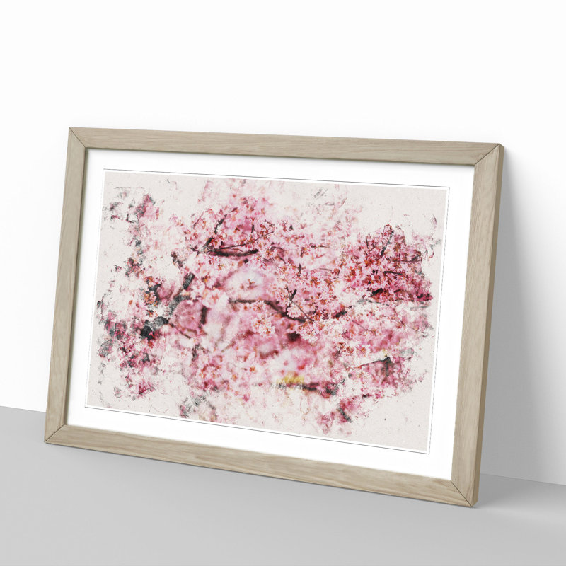 Pink Cherry Blossom Flowers Vol.3 - Picture Frame Graphic Art, Oak Framed, 48cm H x 65cm W x 2cm D