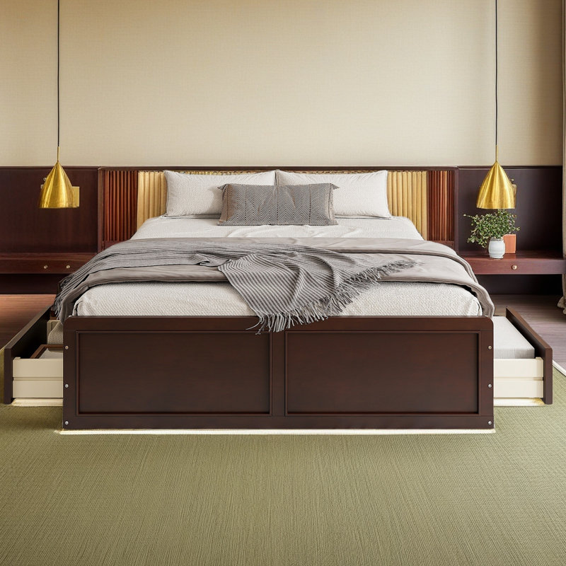 Structure de lit plateforme en bois avec 6 tiroirs, Espresso