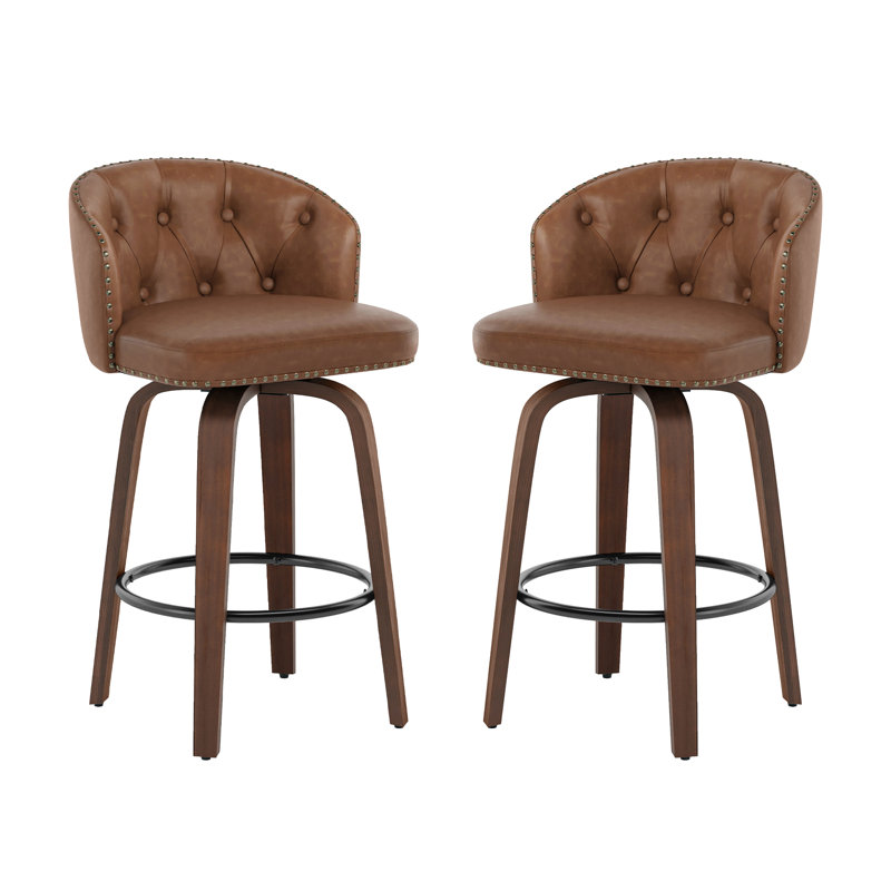 Swivel Upholstered Counter & Bar Stool With Wood Frame (Set Of 2), Brown/Dark Walnut, 2