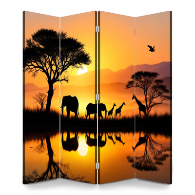 Paravent 4 panneaux à cloison pliable Royal African Wildlife Silhouettes Elephants Giraffes Golden Sunset