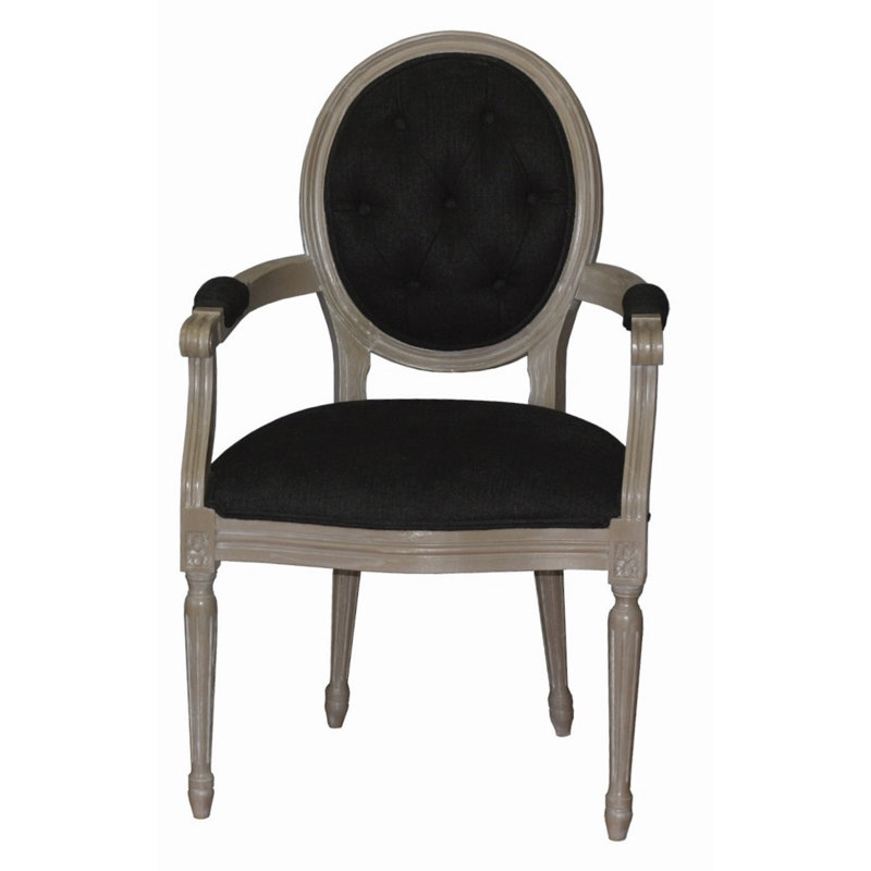 Chaise avec accoudoirs rembourrée en lin noir / blanc cassé Leonora