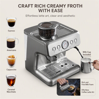 Machine à espresso de 15 bars avec broyeur intégré, contrôle PID et mousseur à lait