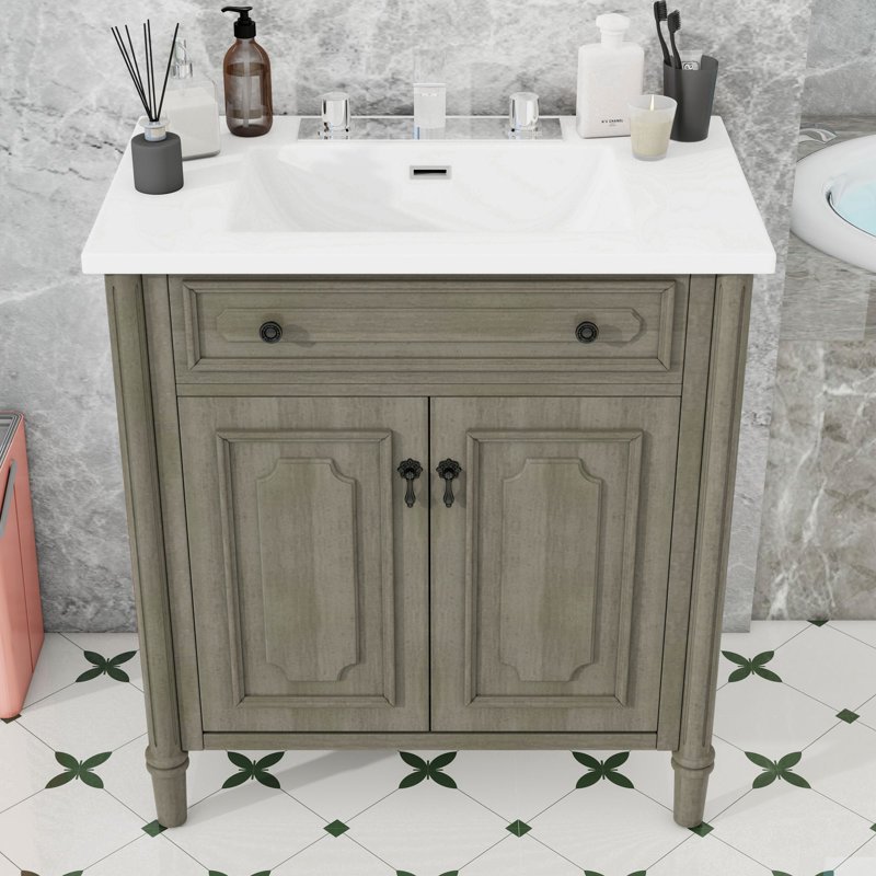 Meuble-lavabo avec lavabo, portes et tablette réglable, Gris antique