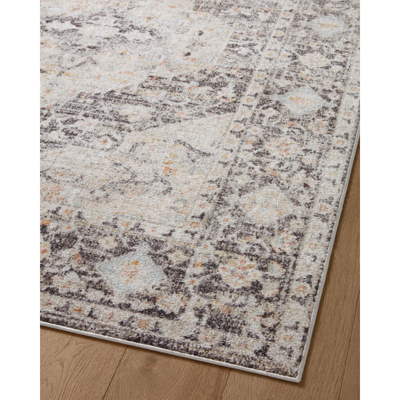 Tapis oriental en polyester tissé à la machine gris anthracite / ivoire, Rectangle 9 pi 3 po x 13 pi