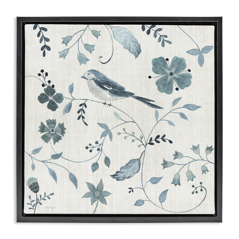 Oiseau avec motifs botaniques, Cadre flottant noir de jais, H 18 po x l 18 po