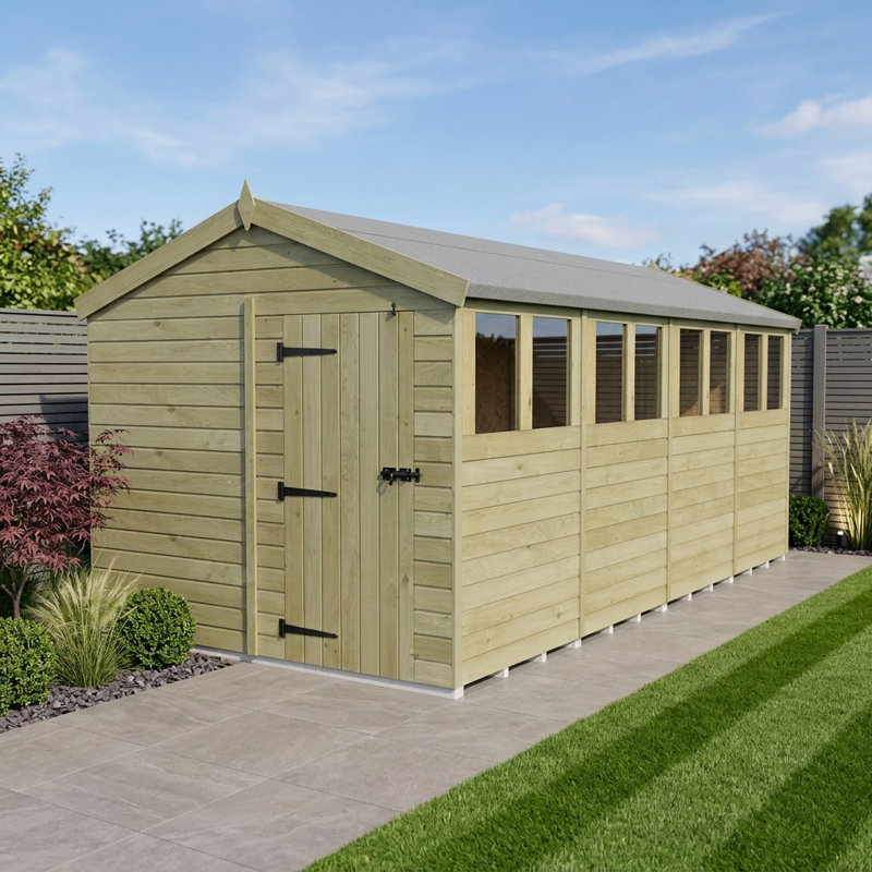 Total Sheds 8ft x 20ft Apex Garden Shed - Single Door - With Windows - Pressure Treated Timber - UK Manufactured