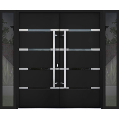 Front Exterior Prehung Metal Double Doors Deux 1105 Black Enamel Mirrored Glass 2 Sidelites Exterior Windows Entry Modern Painted Active
