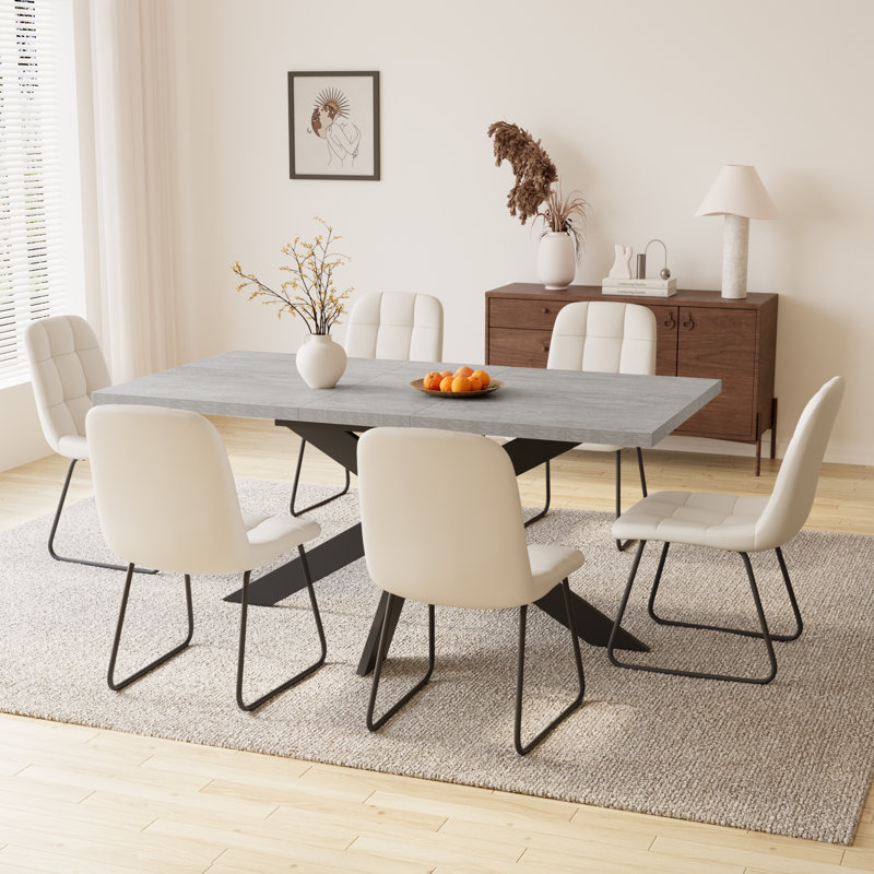 Derose Kitchen Dining Set, Extendable Dining Kitchen Table with Dining Chairs, 7 Pieces: Table, 6 Chairs, White