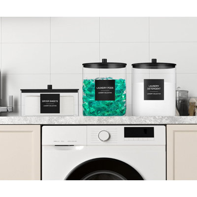 Laundry Room Organization Set with 0.5 Gallon Glass Bottles, Acrylic Box, Bamboo Lids & 27 Minimalist Labels