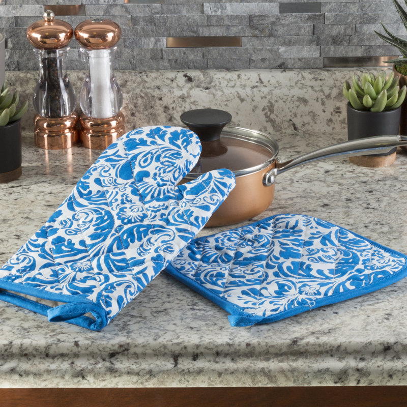 Blue and White Cotton Quilted Oven Mitt and Pot Holder Set