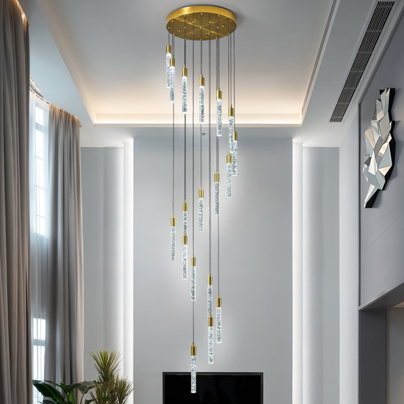 Luminaire suspendu moderne en cristal avec lustre à DEL à intensité variable pour salon, escalier (18 lumières)