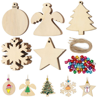 50Pcs DIY Wooden Christmas Ornaments Unfinished Blank Predrilled Wood Circles for Crafts Holiday Hanging Decorations(5 Shapes)