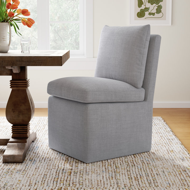 Alayaa Upholstered Side Chair with Casters, Effie Gray Performance Linen