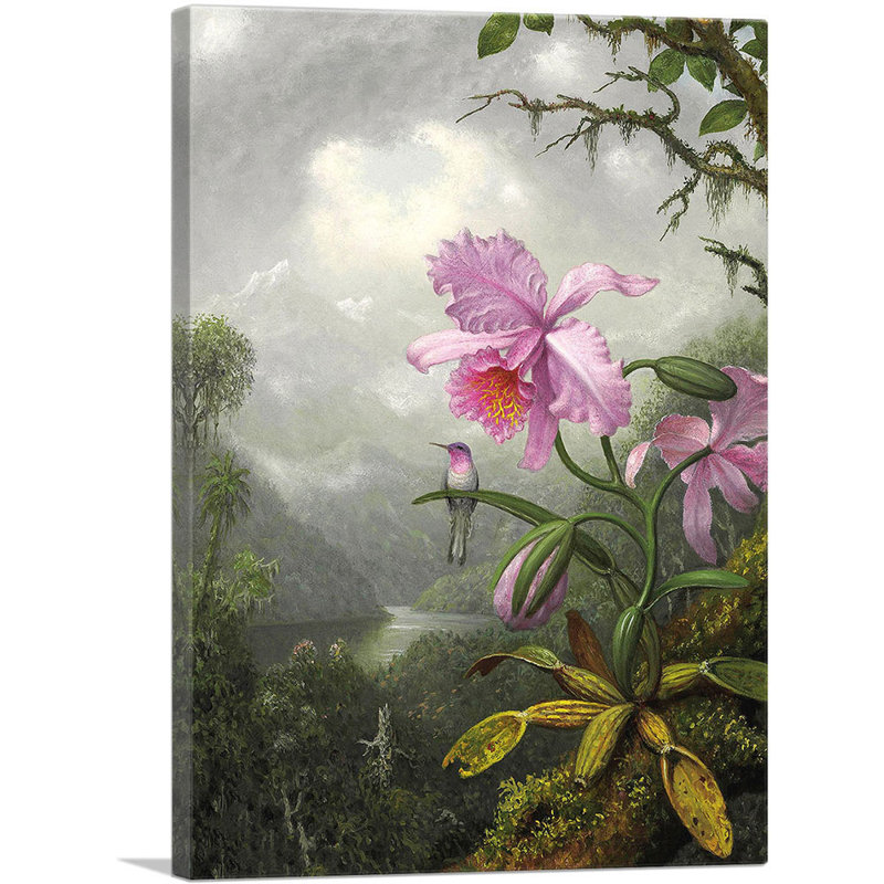 Colibri perché sur une orchidée par Martin Johnson Heade - reproduction d'art sur toile tendue, H 18 po x l 12 po x P 1,5 po