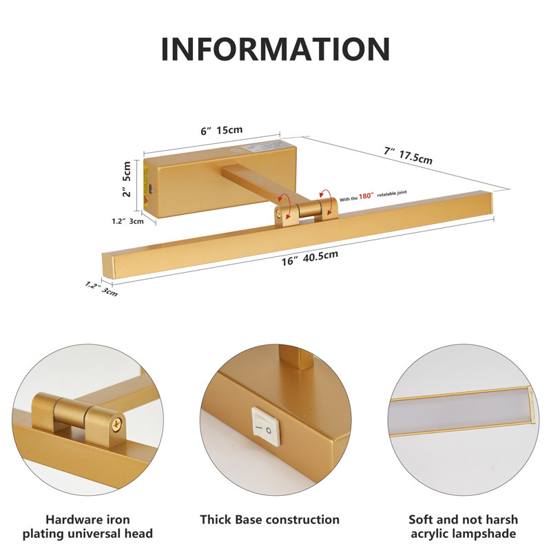 Luminaires de salle de bain dorés de 16 po au-dessus d'un miroir moderne à DEL à intensité variable pour éclairage de salle de bain
