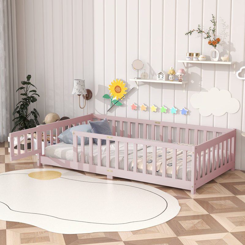 Twin Size Floor Bed With Fence And Door,Rubber Wood Floor Bed With Safety Guardrails,Pink, Twin, Pink