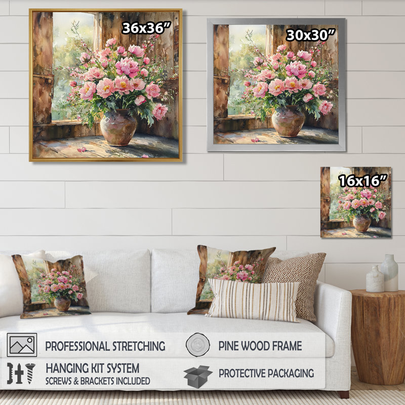 Assortiment de bouquets de fleurs d'été à la grange I - Assortiment de bouquets d'art mural, Impression encadrée flottante