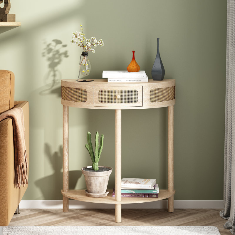 Cantina 31"W Half Round Solid Wood Console Table,Authentic Rattan Half Moon Accent Table, Natural