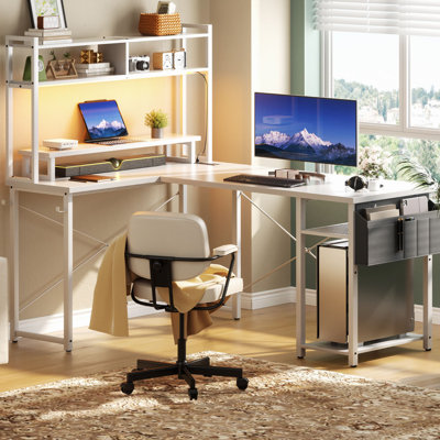 L Shaped Computer Desk with Hutch & Power Outlets, Reversible Gaming Desk with Monitor Stand & Storage Shelf