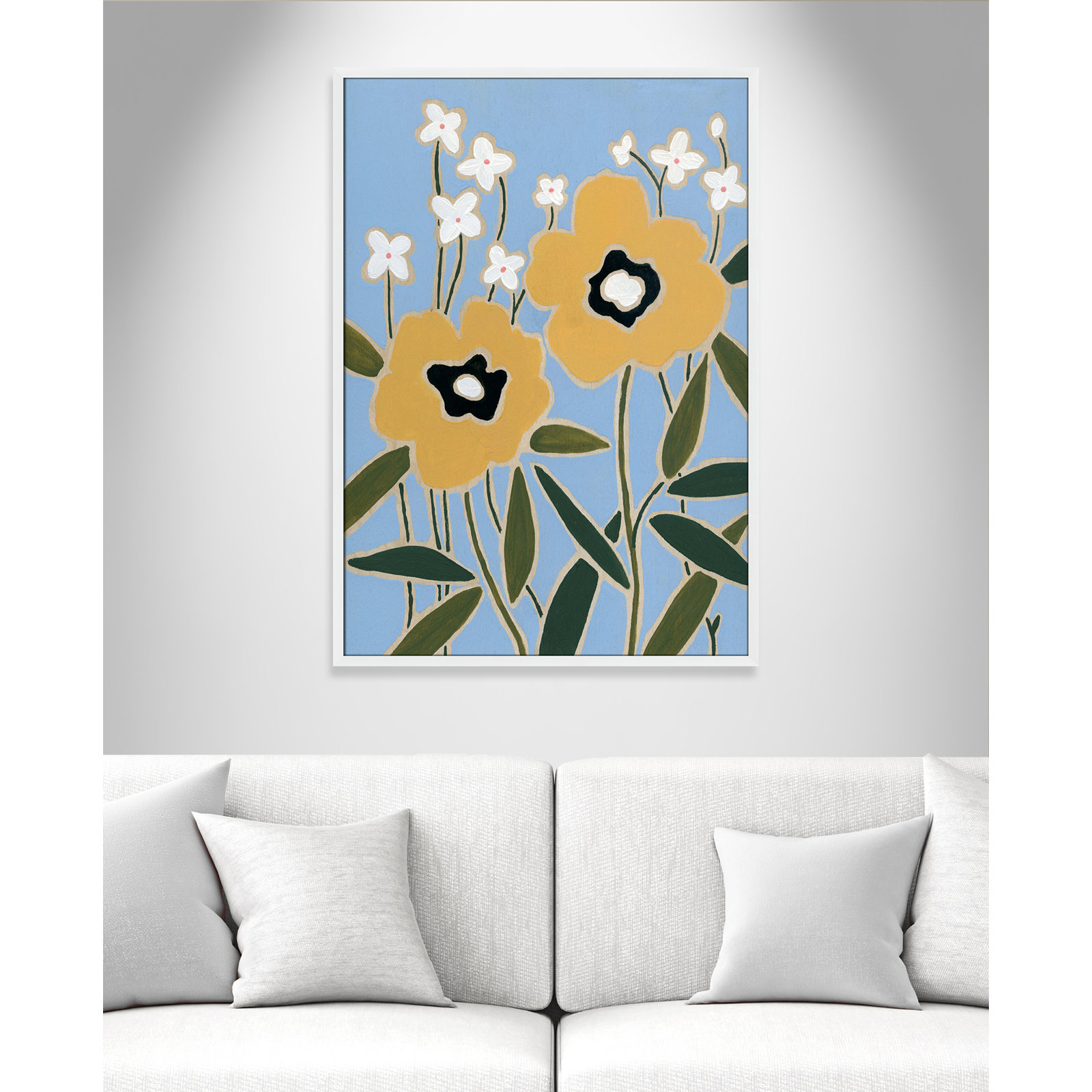 Maura "Woodblock Floral II" Print, 41.5" H x 29.5" W x 1.25" D, Satin White Framed