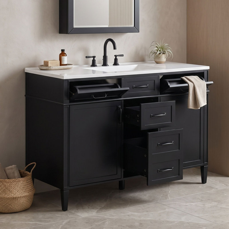 Meuble-lavabo de salle de bain avec comptoir en composite, 4 tiroirs, 2 portes à fermeture douce et tablettes réglables