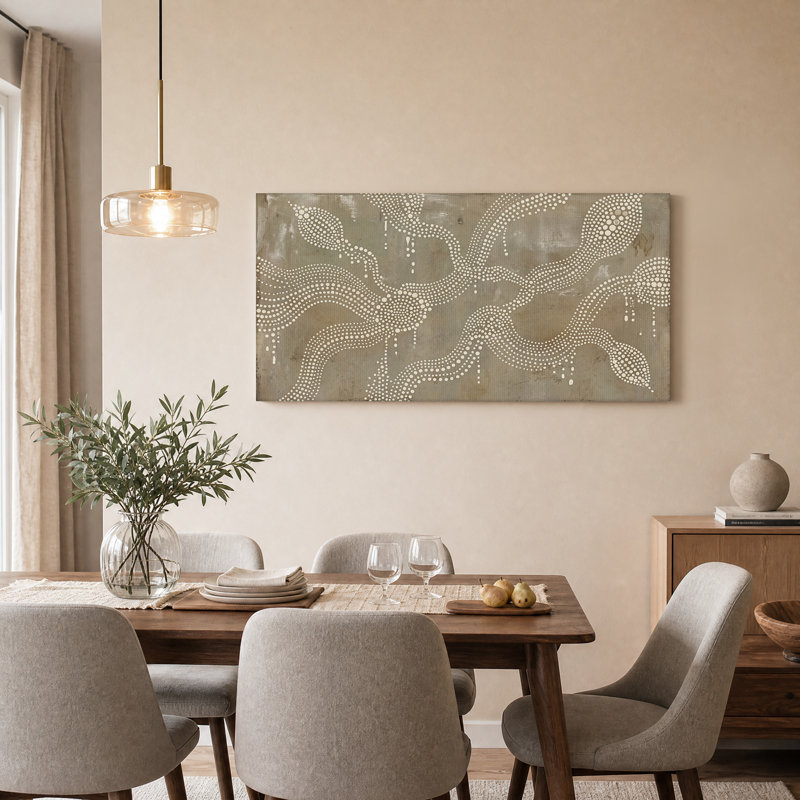 Tableau abstrait à pois blancs sur toile texturée taupe, 58“W x 28”H