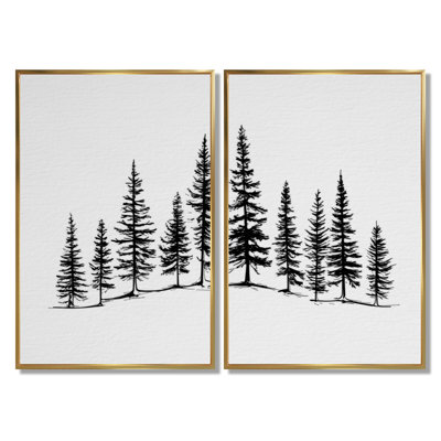 «Pine Tree Forest In Winter Wonderland», reproduction d'art sur toile, ensemble de 2 décorations murales nature noire