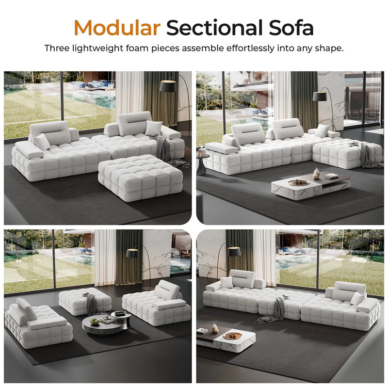 Canapé modulaire de 132 po, canapé modulaire avec 6 coussins décoratifs, canapé-lit confortable avec tissus en chenille adaptés aux enfants, canapé en forme de L pour le salon, appartement