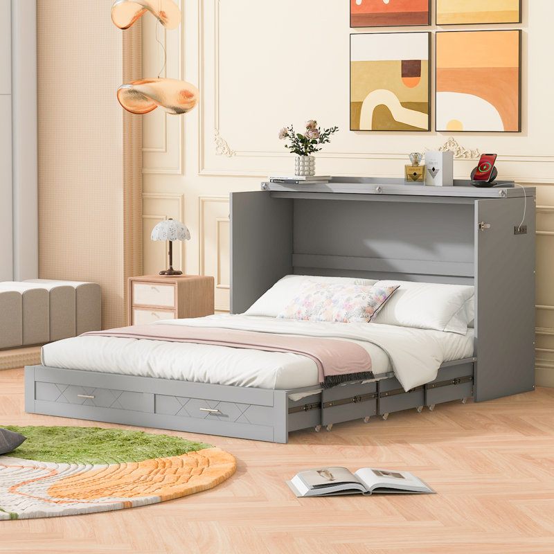 Lit escamotable Murphy avec tiroir et un ensemble de prises USB, structure de poulie,, Gris, Lit double