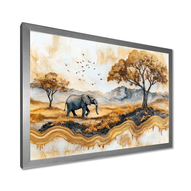 Éléphant d'Afrique majestueux dans les prairies II - Éléphant, art mural, H 34 po x l 44 po, Avec cadre, Argent argent