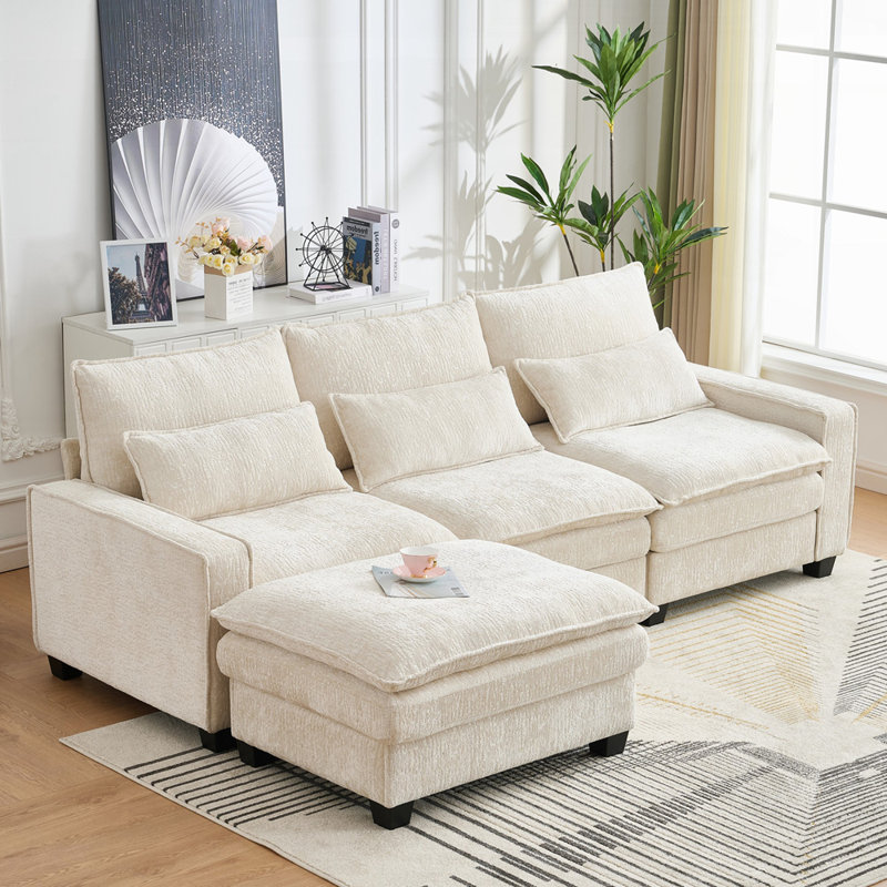 Sectional Cloud Deep Seat Couch Chenille L Shaped Sectional Sofa for Living Room 4-Seats with Movable Ottoman, Beige