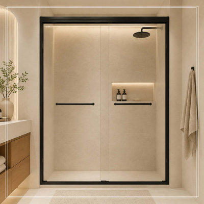 Verre trempé 56-60 "x 72" avec film antidéflagrant, porte de douche coulissante double en aluminium, 1/4 "(6 mm), poignée en acier inoxydable, noir mat