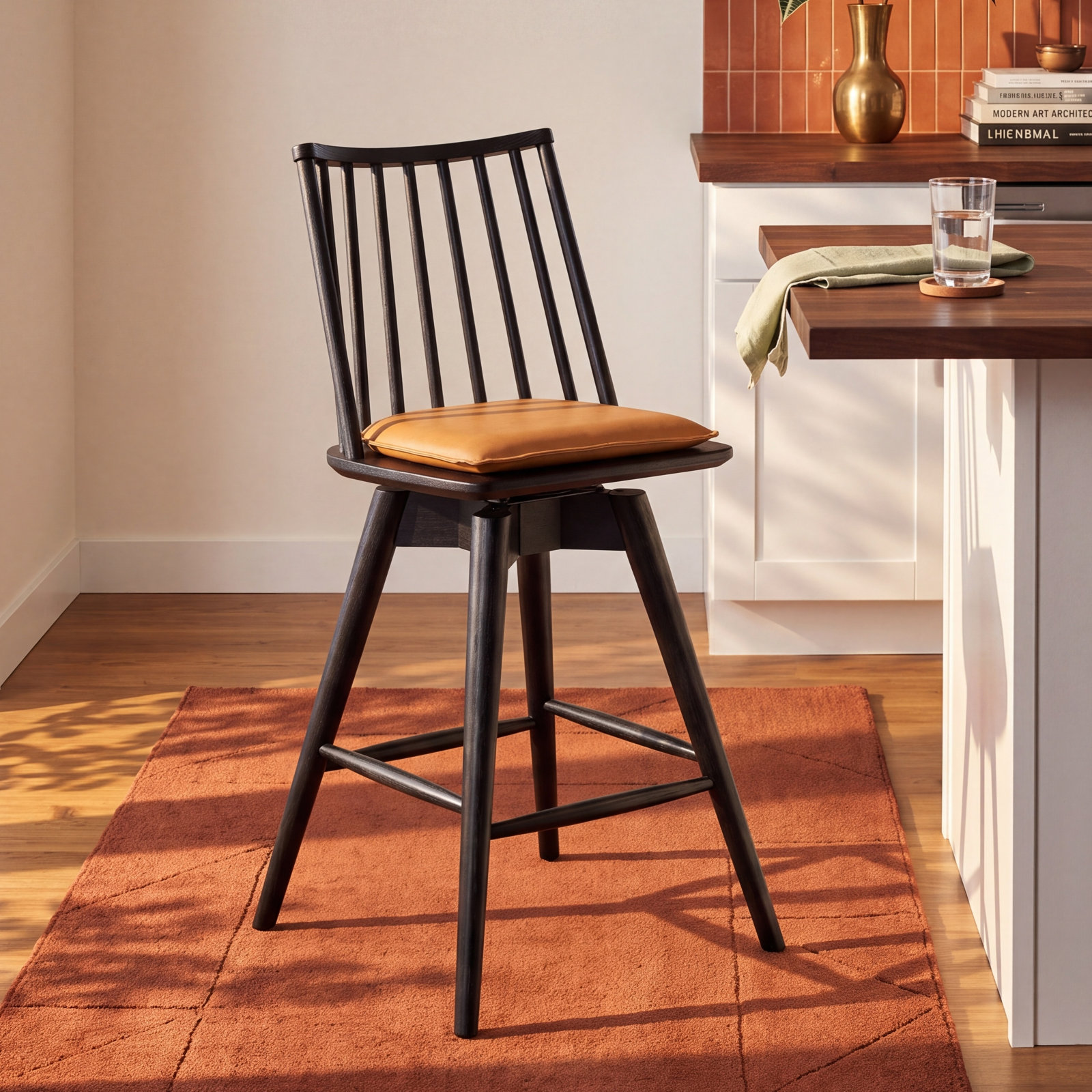 Daltrey Swivel Bar and Counter Stool, Whiskey Saddle/Top Grain Leather, Bar Stool (30.29" Seat Height)