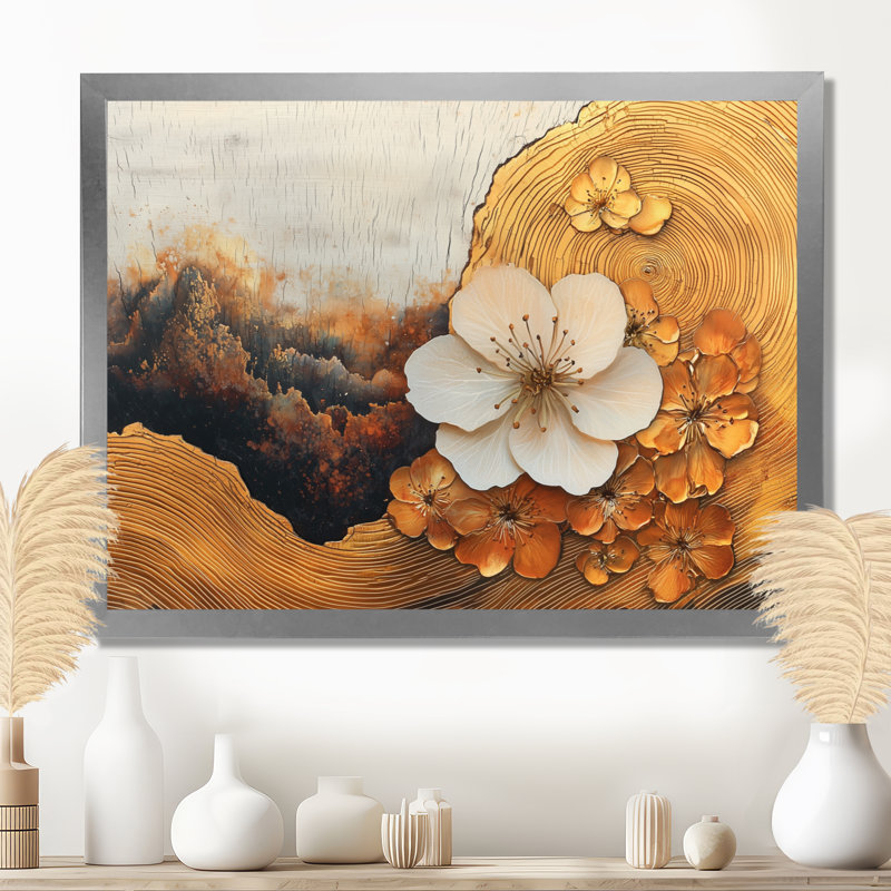 Fleur de pommier de Coggeshall dans une rivière à encre jaune - Art mural fleur de pommier, Argent, H 30 po x l 40 po