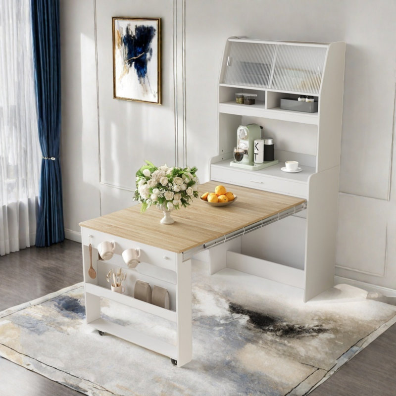 Buffet avec huche et table de salle à manger pliable, tablettes de rangement, crochets latéraux et armoire avec portes coulissantes
