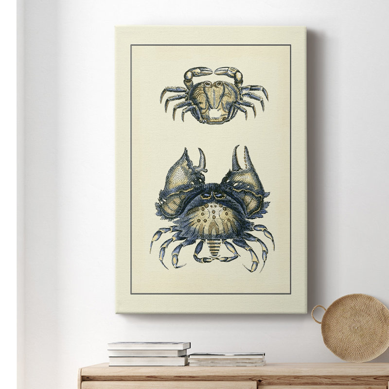 Crabes bleus antiques I - peinture sur toile tendue, H 36 po x l 24 po x P 1,5 po