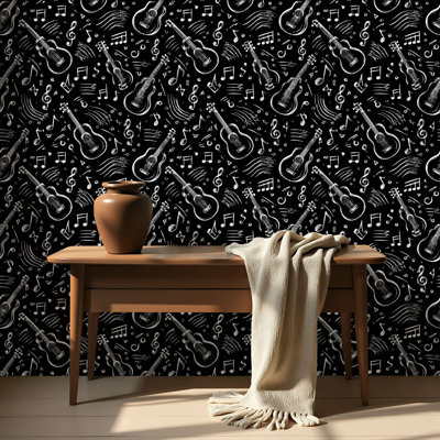 Peel and Stick Wallpaper Contact Paper Music abstract guitar musical note sound clef Black lines Hand drawing Self Adhesive and Removable 24in x 118in(60x300cm)