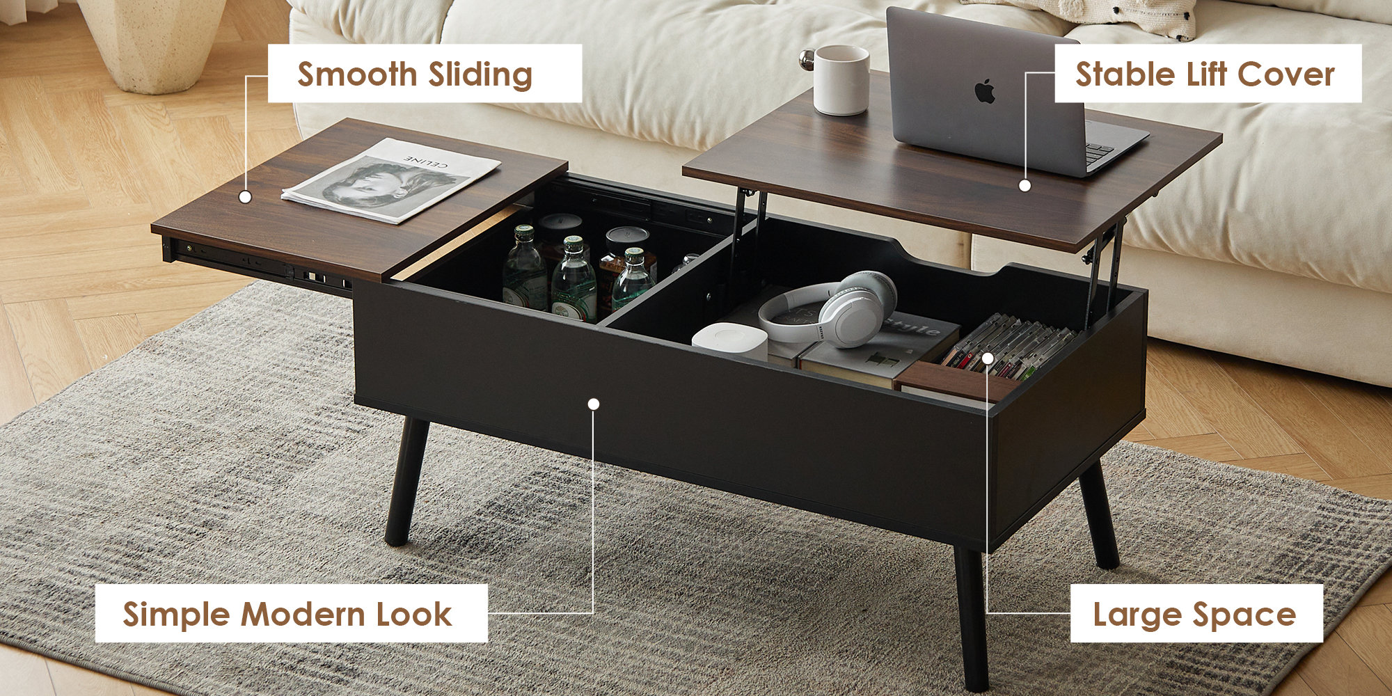 Oliver Hasita Lift Top & Slide Out Coffee Table with Storage